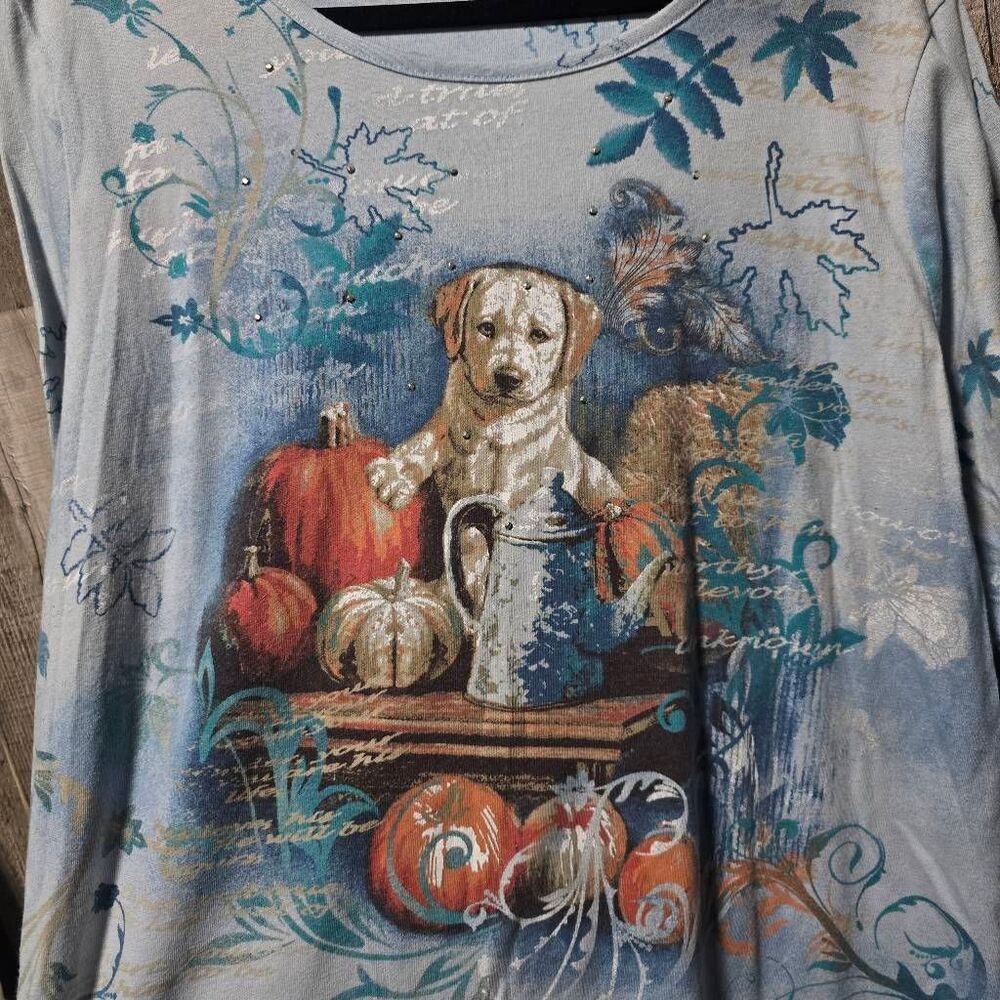 Basic Editions Blue Dog Pumpkin Fall Animal Scene Tee 1x Halloween Puppy Casual - Picture 3 of 7